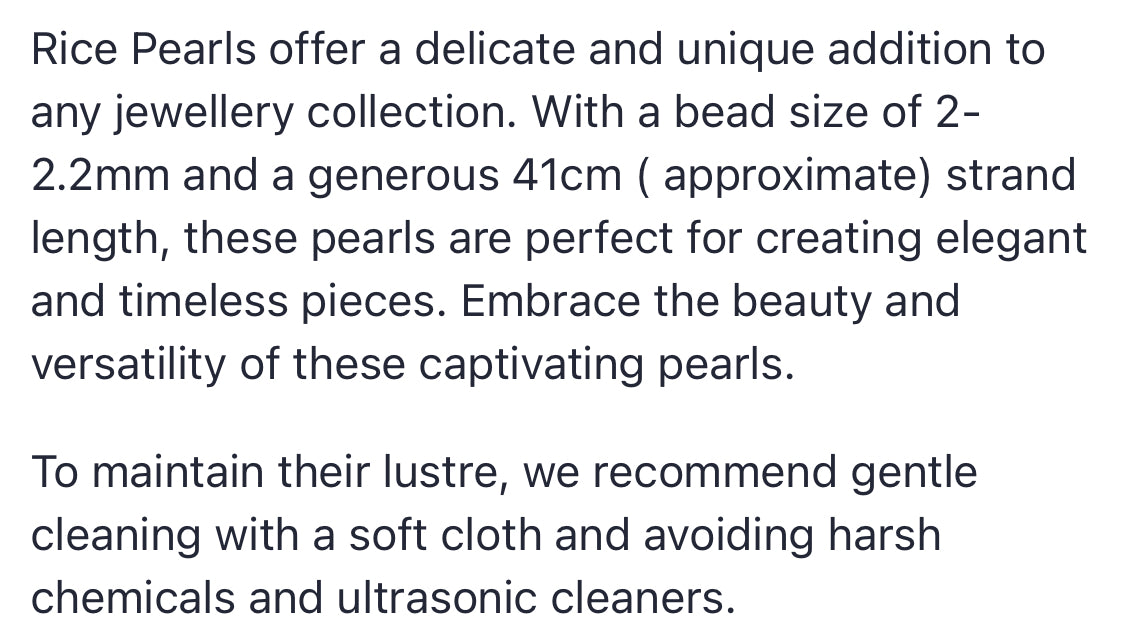 Text describing the product details of the 2mm-2.2mm Rice Pearl Beads , as seen on the Australian owned Melbourne Gemstone Beads shop.