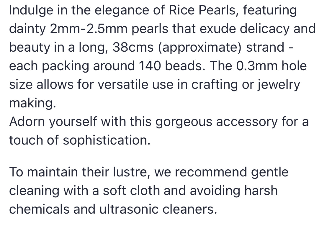 Text describing the product details of the 2-2.5mm freshwater rice pearls bead , as seen on the Melbourne Gemstone Beads shop.