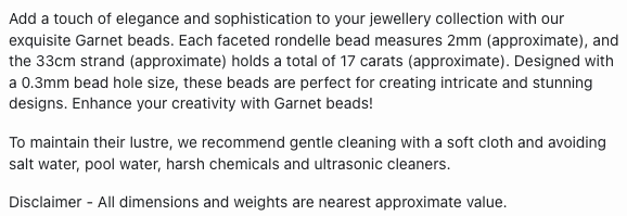 Text describing the product details of the garnet gemstone beads, as seen on the Australian owned Melbourne Gemstone Beads shop.