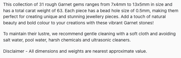 Text describing the product details of the Garnet natural gemstone beads, as seen on the Australian owned Melbourne Gemstone Beads shop.