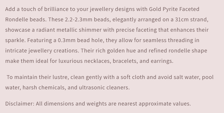 Text describing the product details of the gemstone beads , as seen on the Australian owned Melbourne Gemstone Beads shop.