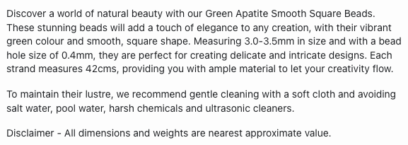 Text describing the product details of the Green Apatite Smooth Square 3.0-3.5mm gemstone beads , as seen on the Australian owned Melbourne Gemstone Beads shop.