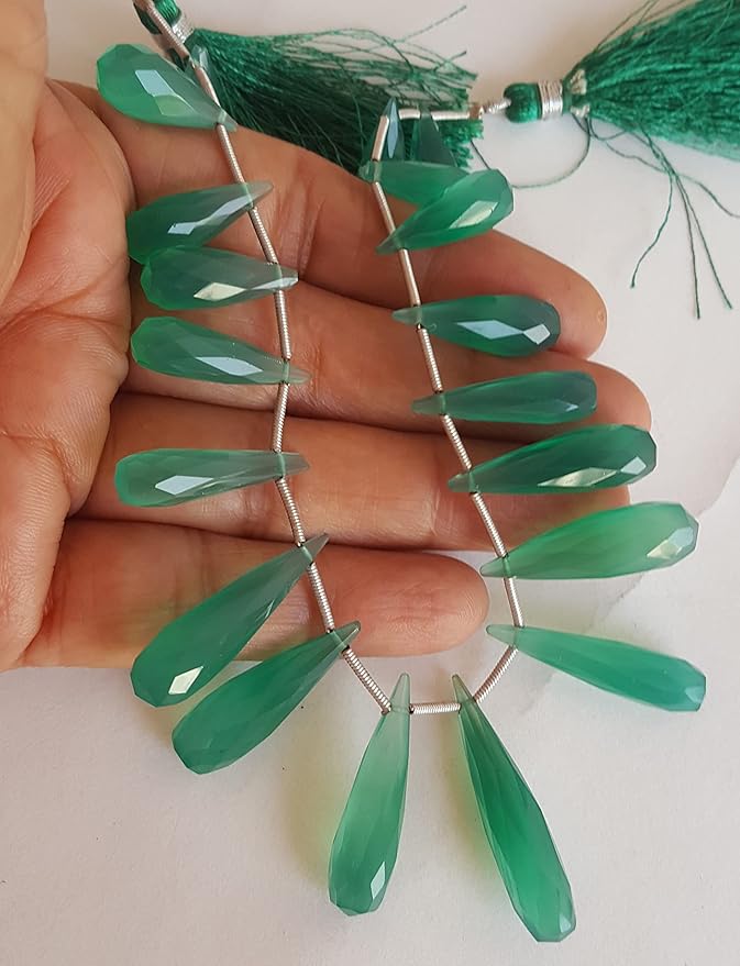 A green gemstone bead strand showcasing chalcedony briolette gemstones.