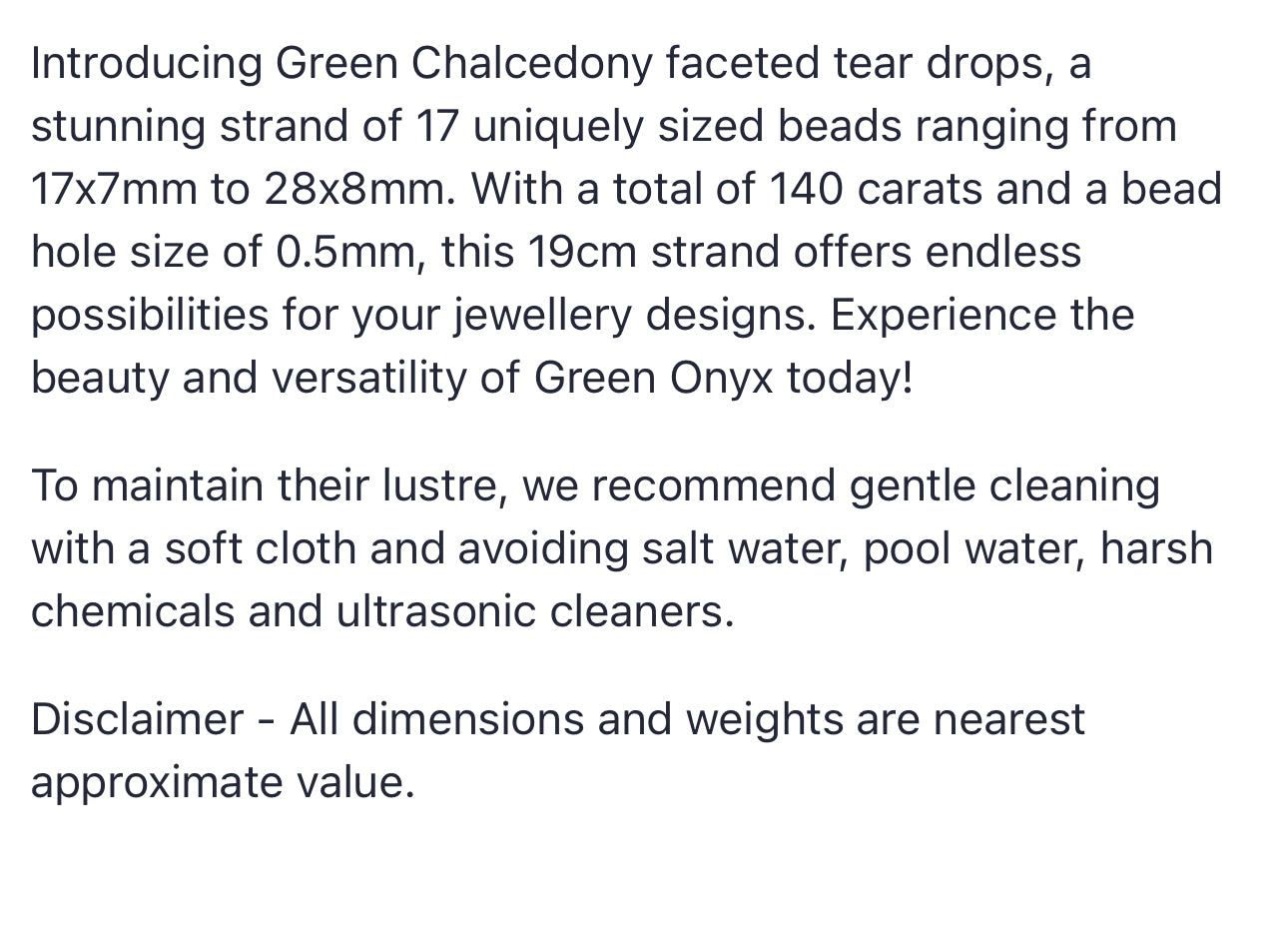 Text describing the product details of the Green Chalcedony natural gemstone beads , as seen on the Australian owned Melbourne Gemstone Beads shop.
