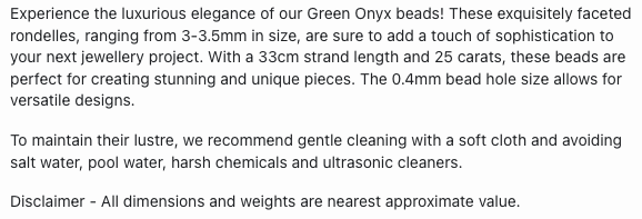 Text describing the product details of the Green Onyx gemstone beads, as seen on the Australian owned Melbourne Gemstone Beads shop.