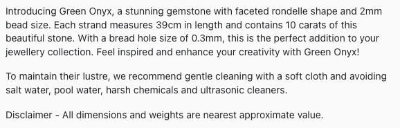 Text describing the product details of the Green onyx natural gemstone beads, as seen on the Australian owned Melbourne Gemstone Beads shop.