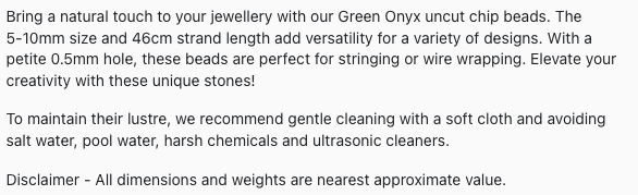 Text describing the product details of the Green Onyx Uncut Chips 5-10mm gemstone beads , as seen on the Australian owned Melbourne Gemstone Beads shop.