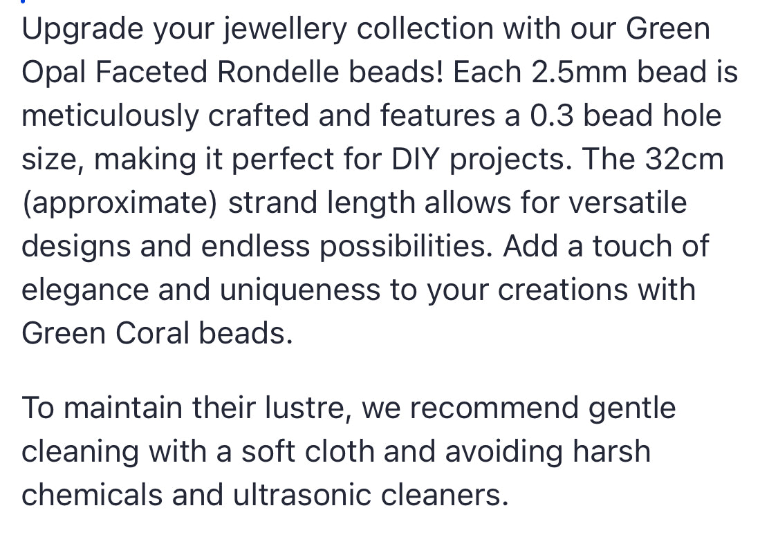 Text describing the product details of the Green Opal faceted rondelle gemstone semi-precious beads , as seen on the Australian owned Melbourne Gemstone Beads shop.