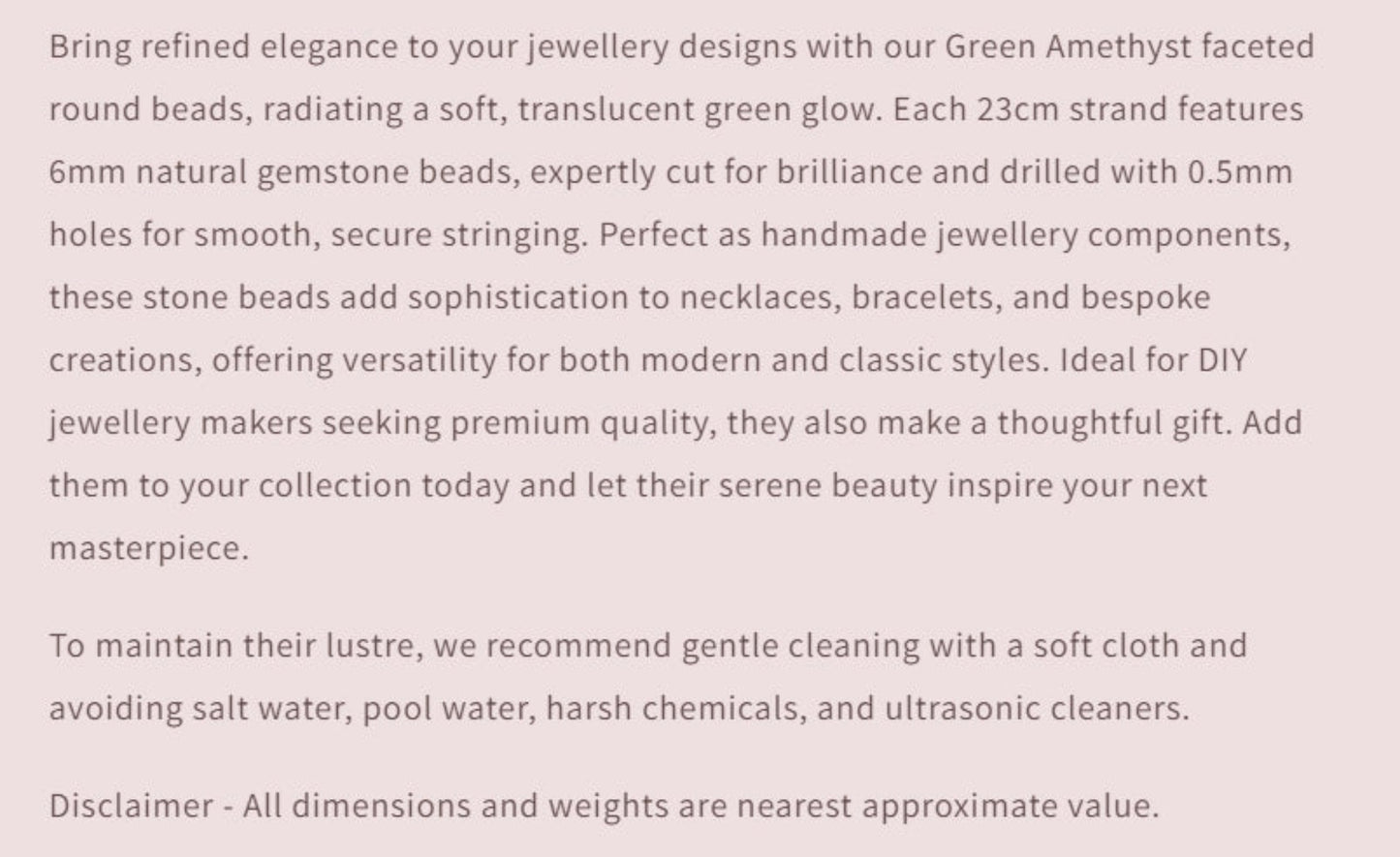 Text describing the product details of the gemstones, as seen on the Australian owned and trusted bead supplier, Melbourne Gemstone Beads.