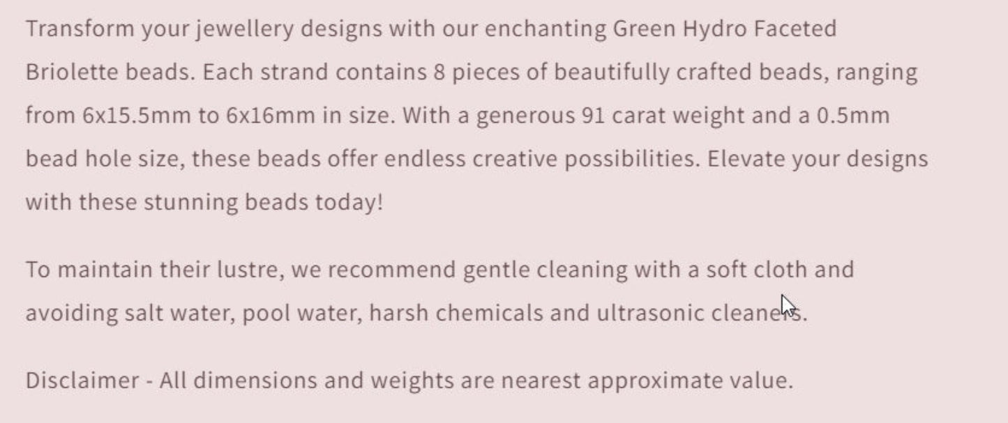 Text describing the product details of the gemstone beads , as seen on the Australian owned and trusted bead supplier, Melbourne Gemstone Beads.