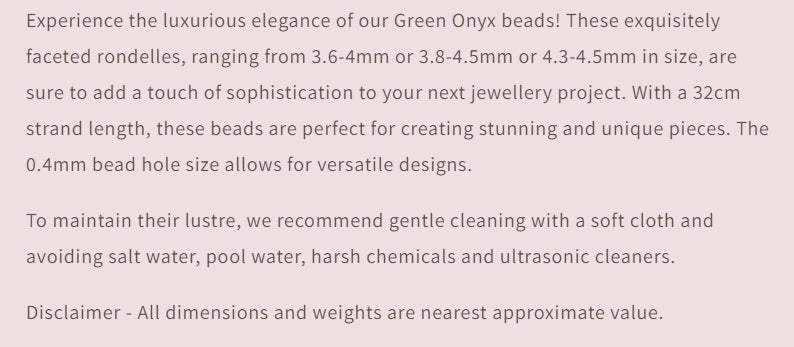Text description of Green Onyx beads with product details.