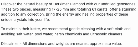 Text describing the product details of the Herkimer Diamond Rough Undrilled beads, as seen on the Melbourne Gemstone Beads shop.