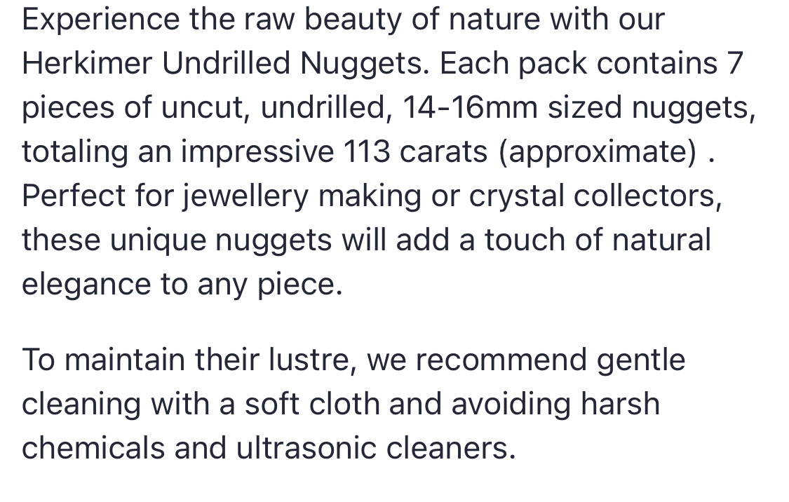 Text describing the product details of the herkimer undrilled gemstone semi-precious beads , as seen on the Australian owned Melbourne Gemstone Beads shop.