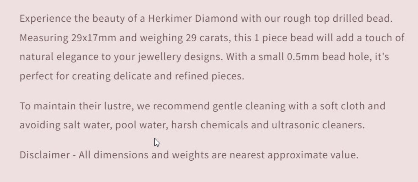 Text description of a Herkimer Diamond bead with dimensions and care instructions.