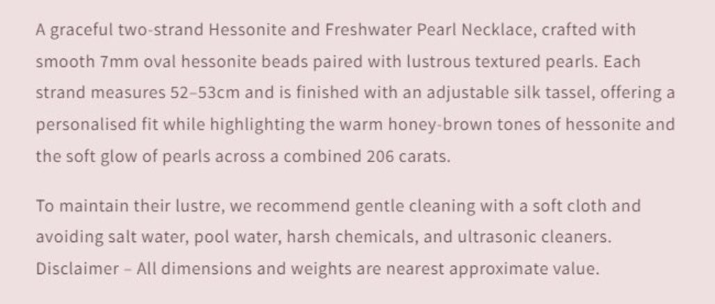 Product description of a Hessonite and Freshwater Pearl Necklace on a light purple background