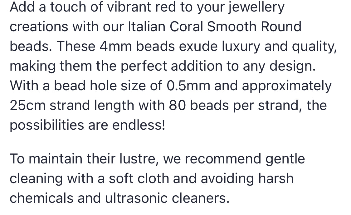 Text describing the product details of the vibrant red Italian Coral Smooth Round gemstone beads seen on the Australian owned Melbourne Gemstone Beads shop.