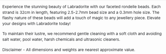Text describing the product details of the Labradorite Faceted Rondelle 2.5-2.7mm gemstone beads , as seen on the Australian owned Melbourne Gemstone Beads shop.