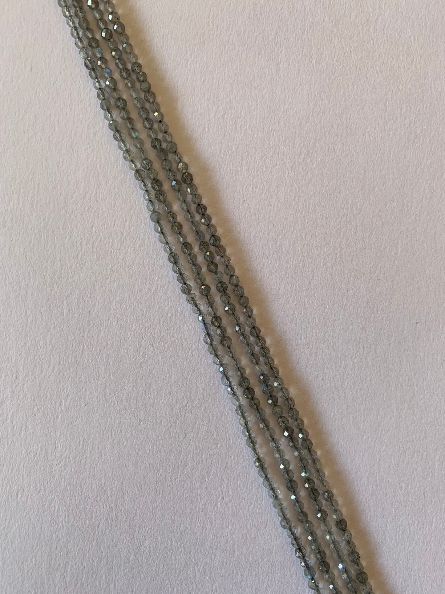 Strands of Faceted Rondelle Labradorite beads, ranging 2.5-2.7mm in size, showcasing their vibrant colour and shine.