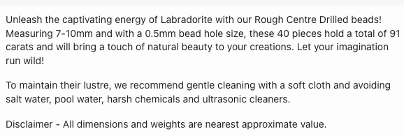Text describing the product details of the Centre-drilled Labradorite beads, as seen on the Melbourne Gemstone Beads shop.