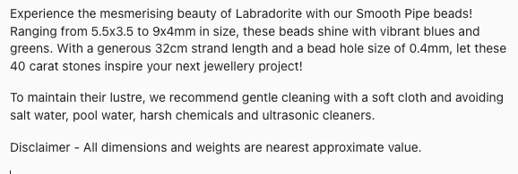 Text describing the product details of the semi precious Labradorite smooth pipe bead as seen on the Melbourne Gemstone Beads shop.