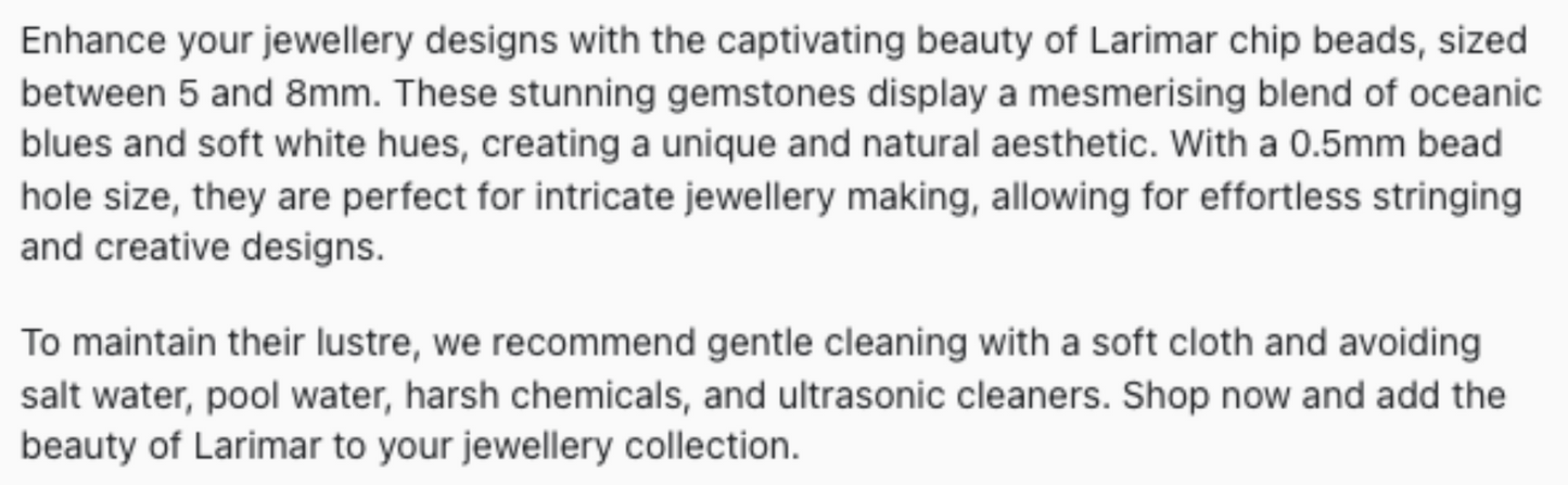 Text describing the product details of the gemstone beads , as seen on the Australian owned Melbourne Gemstone Beads shop.