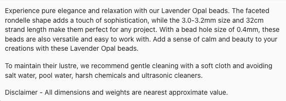 Text describing the product details of the Lavender Opal Faceted Rondelle 3.0-3.2mm gemstone beads , as seen on the Australian owned Melbourne Gemstone Beads shop.