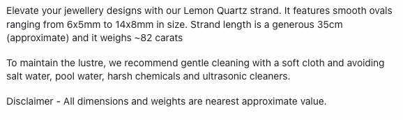 Text describing the product details of the Lemon Quartz smooth oval gemstone beads , as seen on the Australian owned Melbourne Gemstone Beads shop.