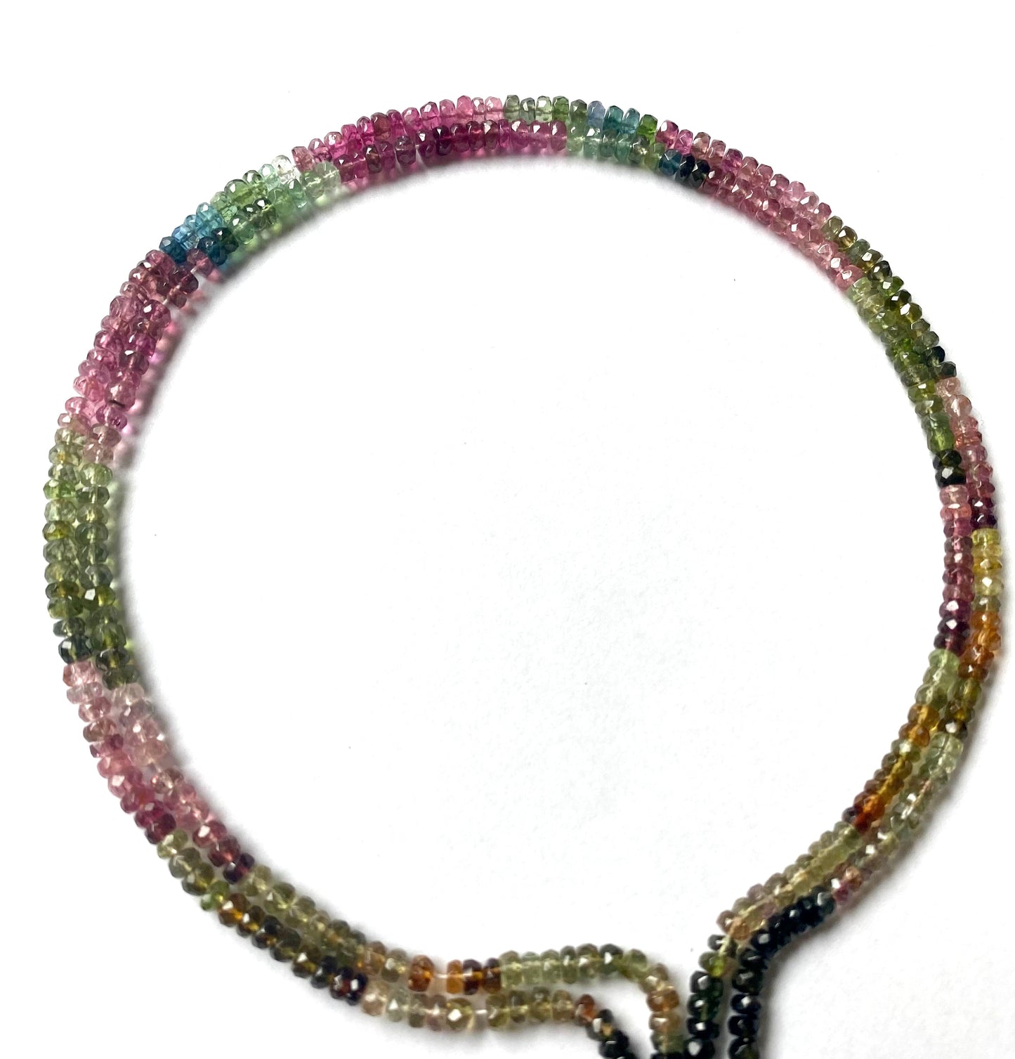 Vibrant multi-strands featuring 3.5mm micro-cut tourmaline beads in various colours, highlighting their beauty.