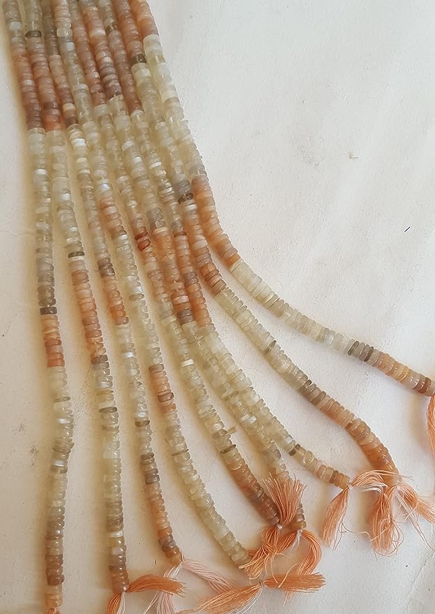 A gemstone bead strand showcasing moonstone smooth wheel gemstones.