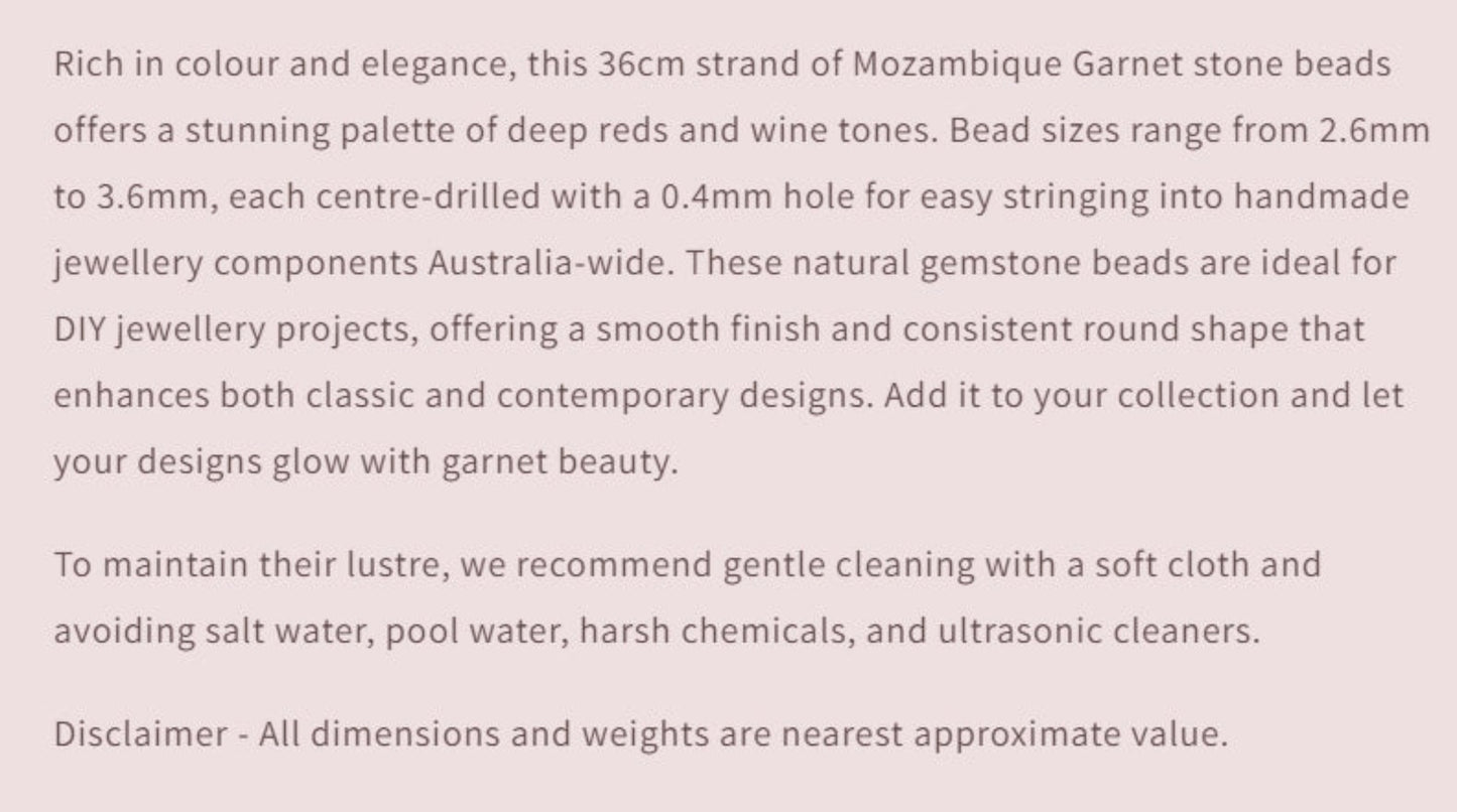 Text describing the product details of the gemstone beads , as seen on the Australian owned and trusted bead supplier, Melbourne Gemstone Beads.