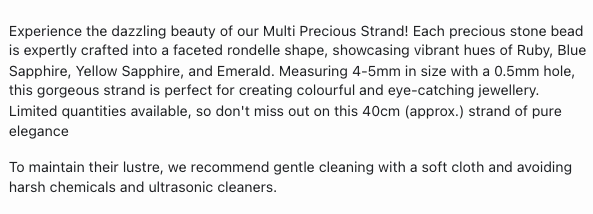Text describing the product details of the multi precious gemstone beads, ruby, blue sapphire, yellow sapphire, and emerald, as seen on the Australian owned Melbourne Gemstone Beads shop.