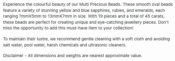 Text describing the product details of the multi precious gemstone beads, ruby, blue sapphire, yellow sapphire, and emerald, as seen on the Australian owned Melbourne Gemstone Beads shop.