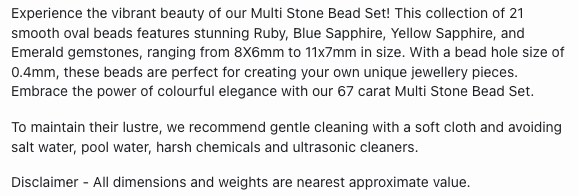 Text describing the product details of the multi precious natural gemstone beads, ruby, blue sapphire, yellow sapphire, and emerald, as seen on the Australian owned Melbourne Gemstone Beads shop.