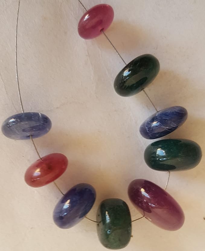 Multi Stone | Smooth Rondelle | Blue Sapphire | Ruby | Emerald | 9-15 mm Bead Size | 9 Piece | 82 Carats
