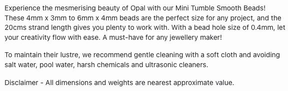 Text describing the product details of the opal gemstone semi-precious beads , as seen on the Australian owned Melbourne Gemstone Beads shop.