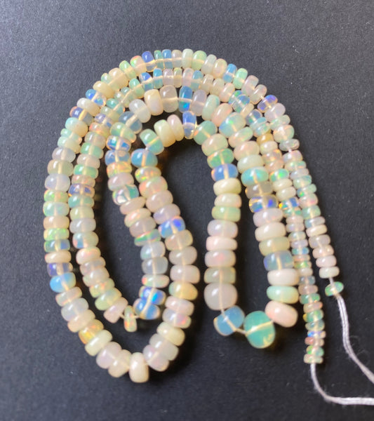 Elegant gemstone strand adorned with 2.7mm-5mm smooth rondelle opal beads, highlighting the beauty of opals.