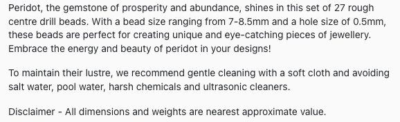 Text describing the product details of the peridot natural gemstone beads, as seen on the Australian owned Melbourne Gemstone Beads shop.