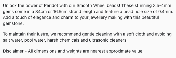 Text describing the product details of the Peridot natural gemstone beads, as seen on the Australian owned Melbourne Gemstone Beads shop.