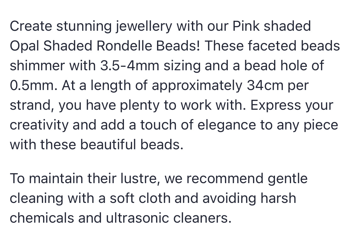 Text describing the product details of the Pink Shaded Faceted Rondelle, 3.5mm-4mm gemstone Opal beads , as seen on the Australian owned Melbourne Gemstone Beads shop.