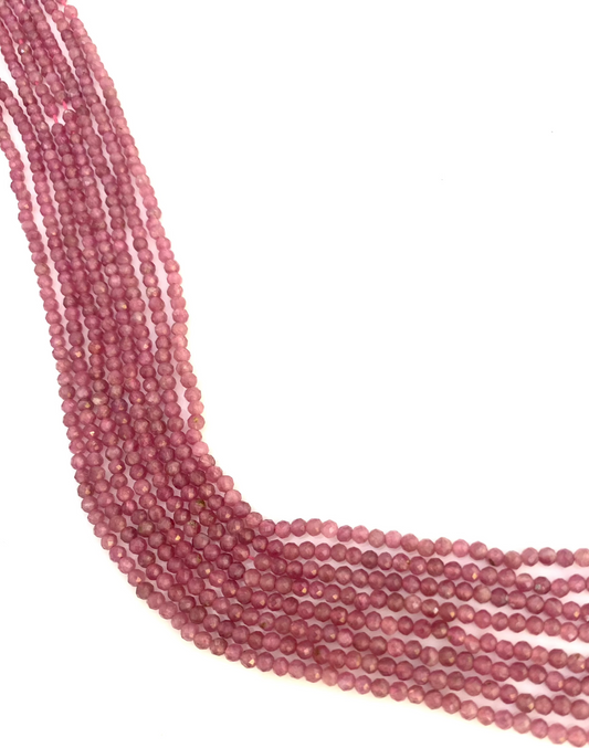A stylish strand made of 3mm faceted rondelle pink tourmaline beads, perfect for adding a pop of colour.