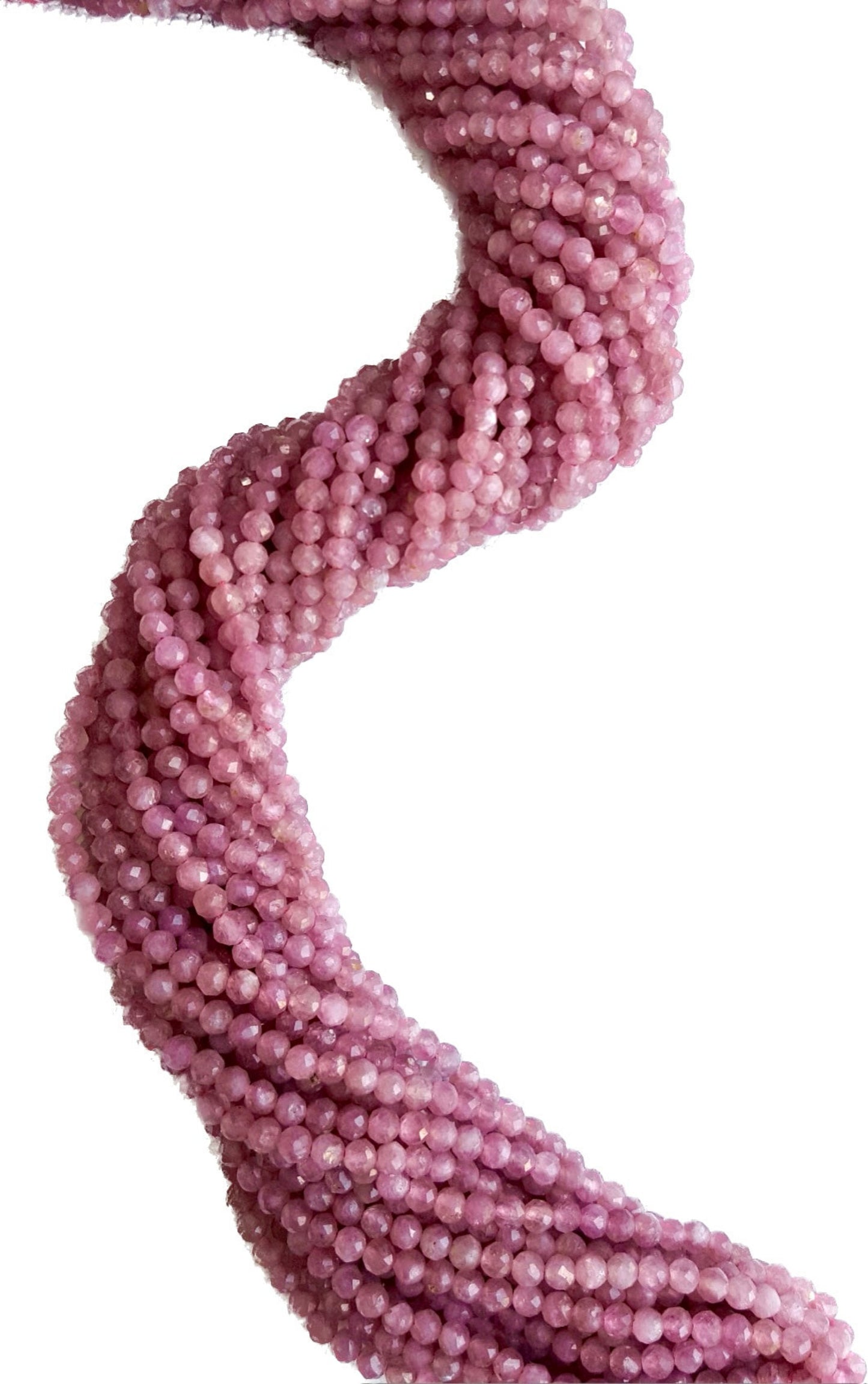 Close-up of a strands of 3mm pink tourmaline rondelle beads on a white background, highlighting their faceted texture.