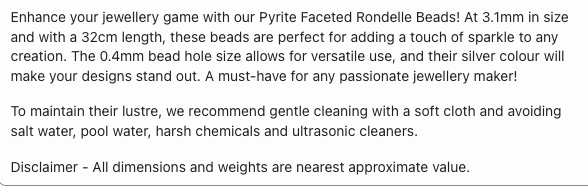 Text describing the product details of the 3.1mm Pyrite natural gemstone bead , as seen on the Australian owned Melbourne Gemstone Beads shop.