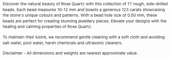 Text describing the product details of the Rose Quartz Rough 10mm-to-12mm natural gemstone beads ,as seen on the Australian owned Melbourne Gemstone Beads shop.
