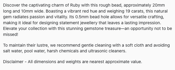 Text describing the product details of the precious gemstone bead, ruby, as seen on the Australian owned Melbourne Gemstone Beads shop.