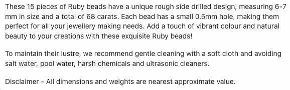 Text describing the product details of the Ruby natural gemstone beads, as seen on the Australian owned Melbourne Gemstone Beads shop.