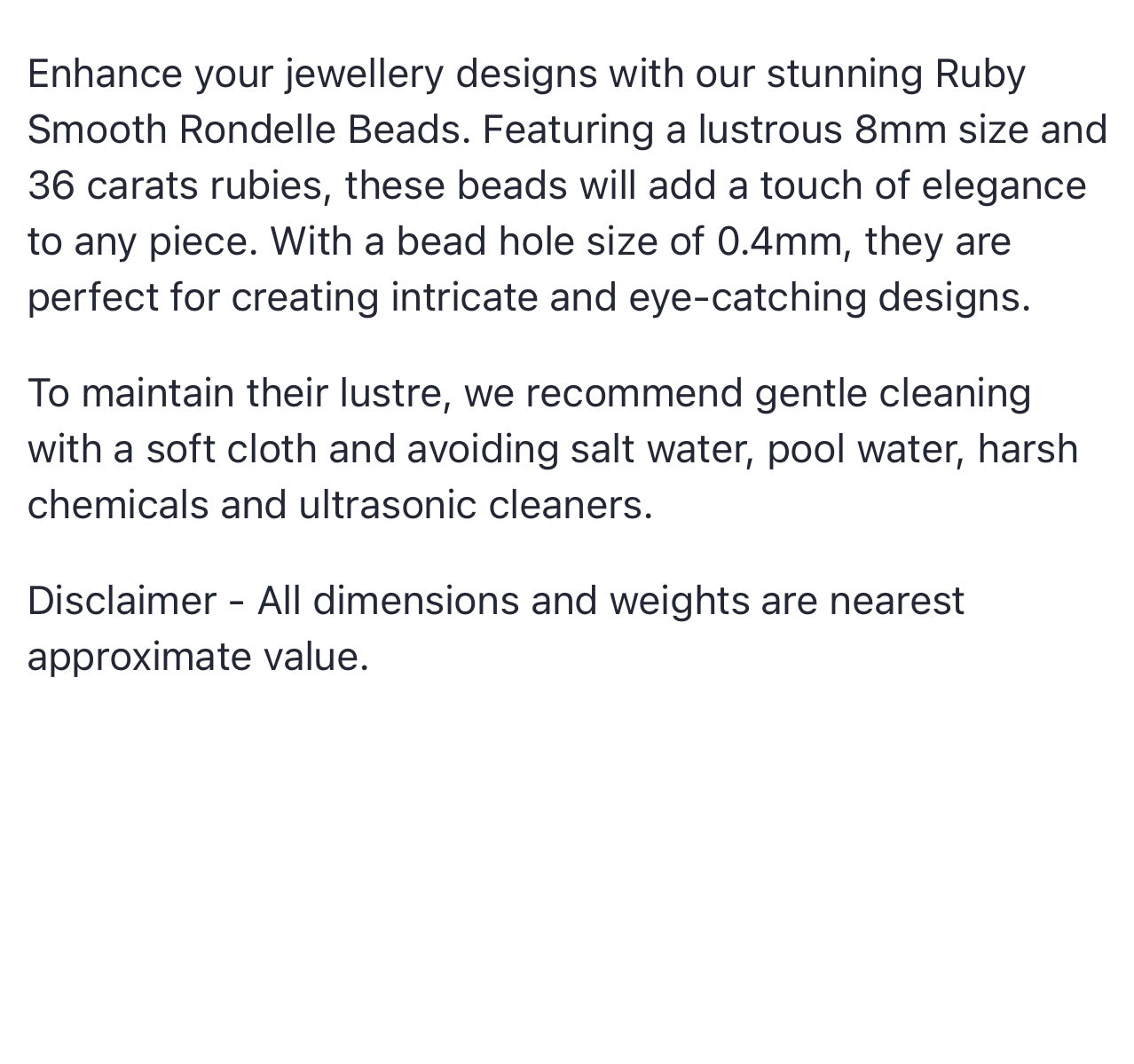 Text describing the product details of the ruby gemstone beads, as seen on the Australian owned Melbourne Gemstone Beads shop.