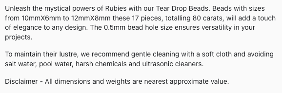 Text describing the product details of the precious gemstone beads, ruby, seen on the Australian owned Melbourne Gemstone Beads shop.