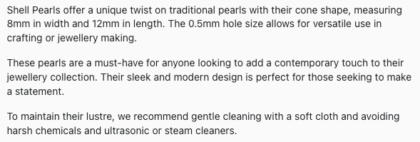 Text describing the product details of the Shell Pearls Cone Shaped Smooth 8-12 gemstone beads , as seen on the Australian owned Melbourne Gemstone Beads shop.