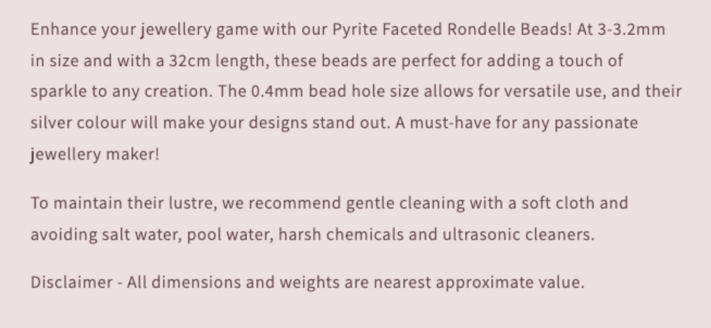Product description text for Pyrite Faceted Rondelle Beads on a pink background