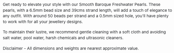Text describing the product details of the Smooth Baroque Freshwater Pearls 6.5mm gemstone beads , as seen on the Australian owned Melbourne Gemstone Beads shop.